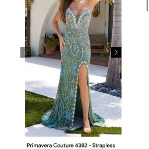 Primavera Couture Strapless Dress in Teal and Silver
